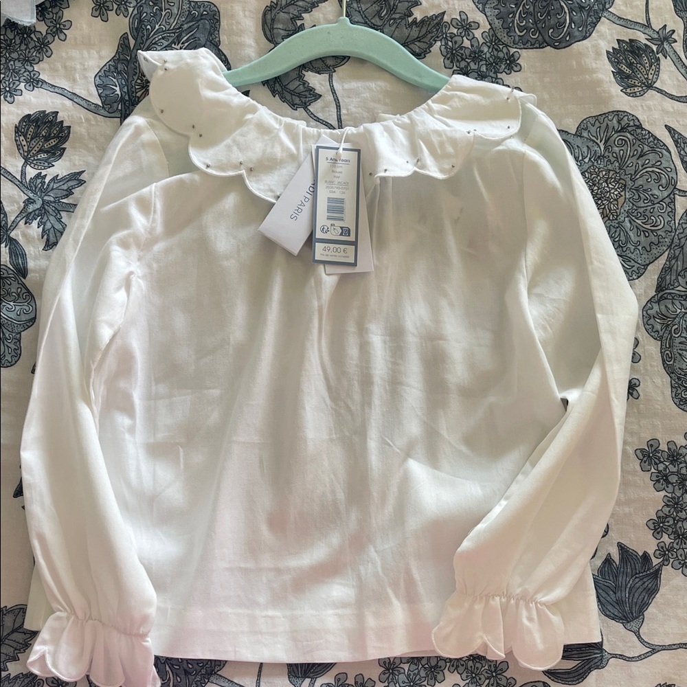 Jacadi White Girls Long-Sleeve Blouse with Scalloped Collar